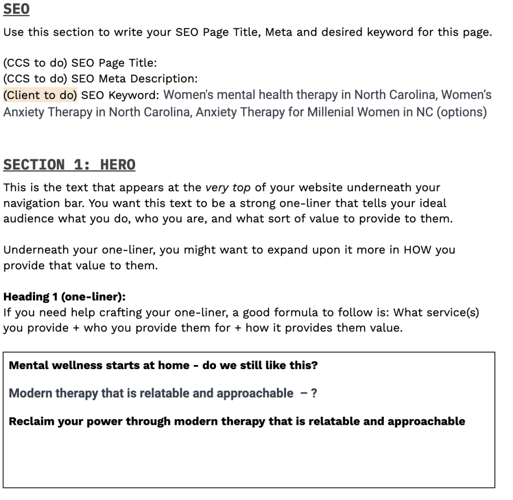 copywriting document for website design for therapists